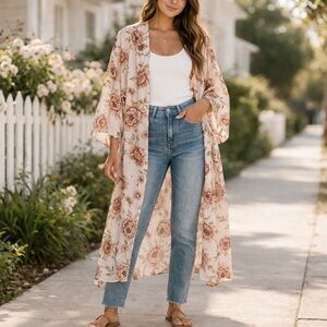 Floral Long Kimono Duster in Blush and Rust